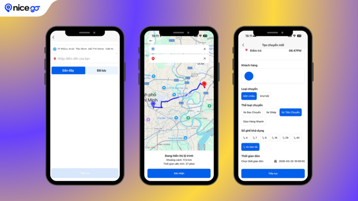 Giao diện ứng dụng đặt xe tiện chuyến trên điện thoại thông minh hiển thị bản đồ và bước đặt xe đầu tiên.