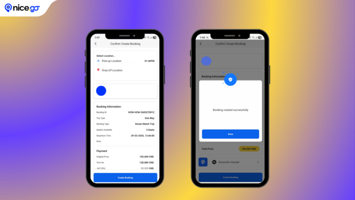 Giao diện xác nhận chi tiết lộ trình và hoàn tất đặt xe tiện chuyến trên điện thoại.