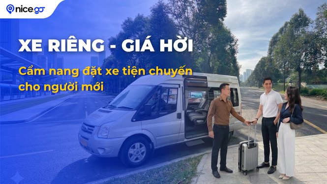 Hình ảnh xe và hành khách kèm tiêu đề cẩm nang đặt xe tiện chuyến giá rẻ.