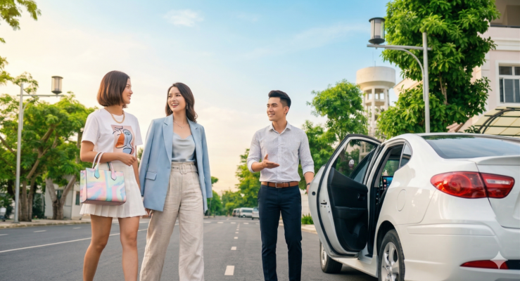 Hành khách và tài xế xe tiện chuyến chuẩn bị khởi hành