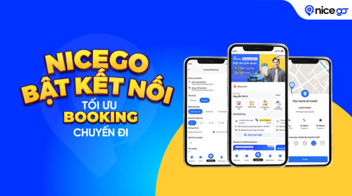 Hình ảnh giới thiệu giao diện ứng dụng đặt xe NiceGo trên điện thoại với slogan "NiceGo Bật Kết Nối - Đặt Xe Chuyên Nghiệp"