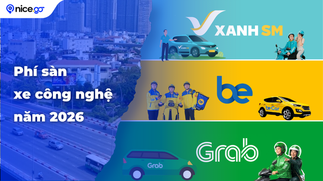 Bảng so sánh phí sàn xe công nghệ năm 2026 của Grab, Be và Xanh SM trên nền tảng NiceGo